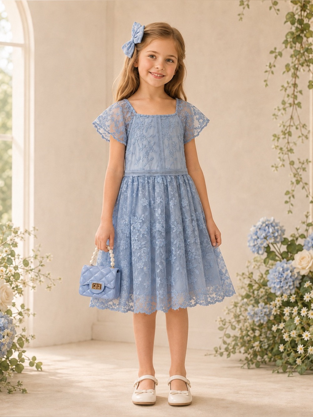 Girls Size 7 Blue Floral Lace Dress Purse & Hair Bow 3-Piece Set NWT